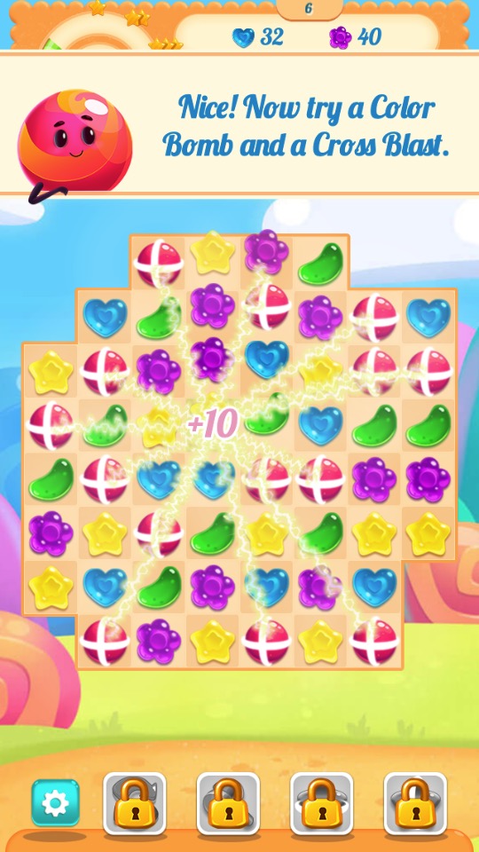 Candy Rain gameplay: combining a color bomb and a cross blast